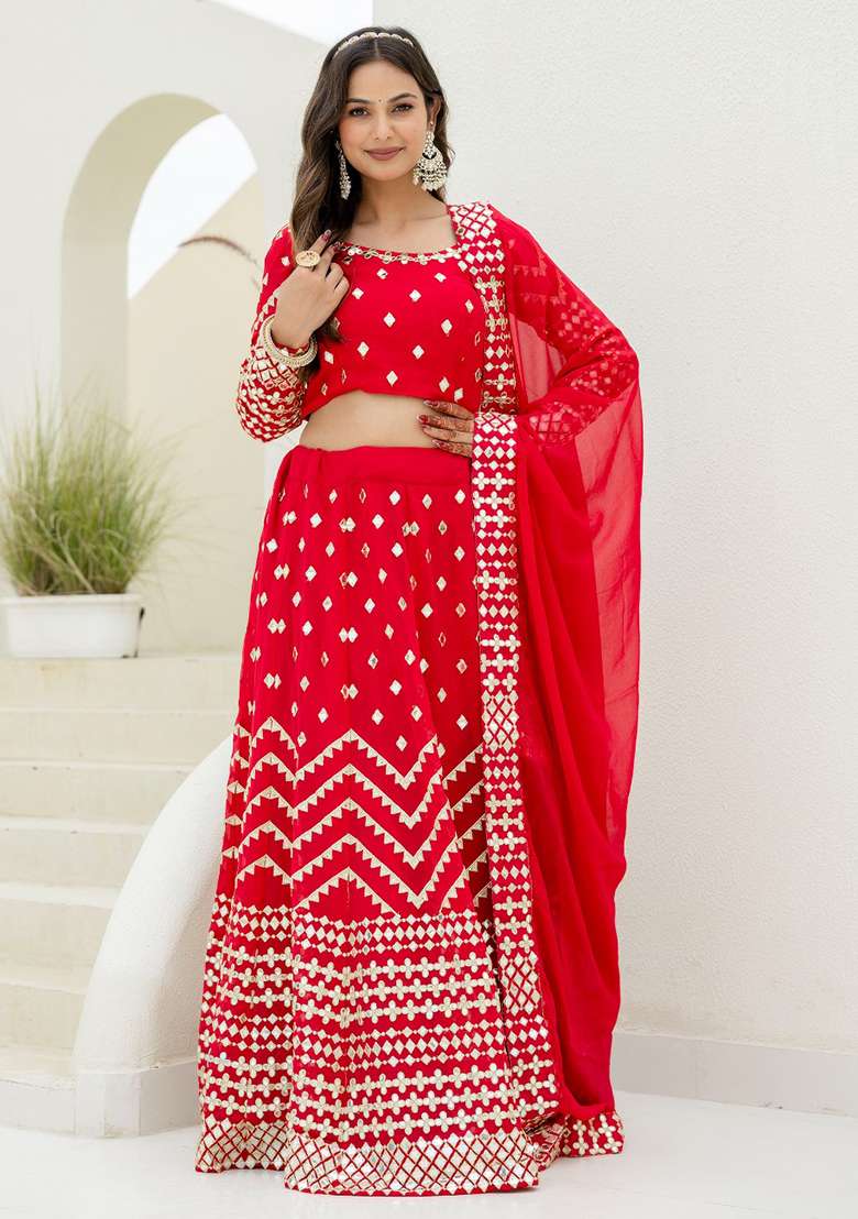 Red Georgette Lehenga Set with Embroidered for Diwali | Wedding & Festive Wear - Indya