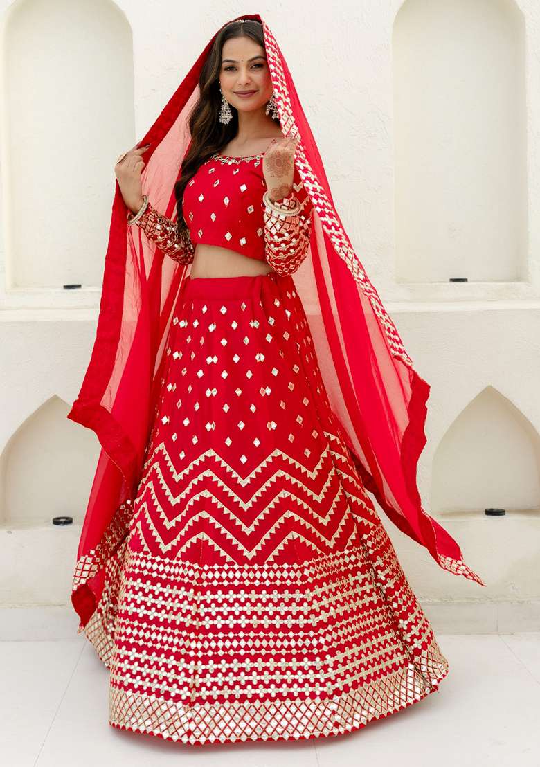 Red Georgette Lehenga Set with Embroidered for Diwali | Wedding & Festive Wear - Indya