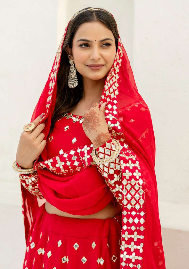 Red Georgette Lehenga Set with Embroidered for Diwali | Wedding & Festive Wear - Indya