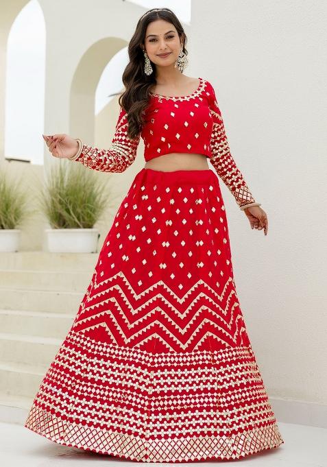 Red Embroidered Georgette Lehenga Set