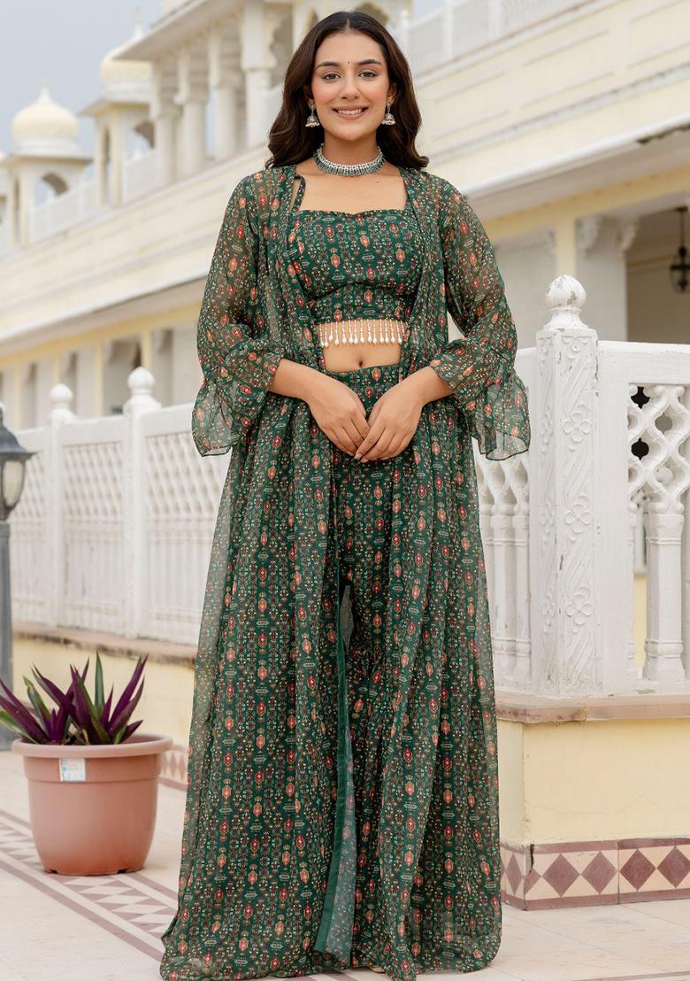 Mehndi Green Embroidered Georgette Sharara Set