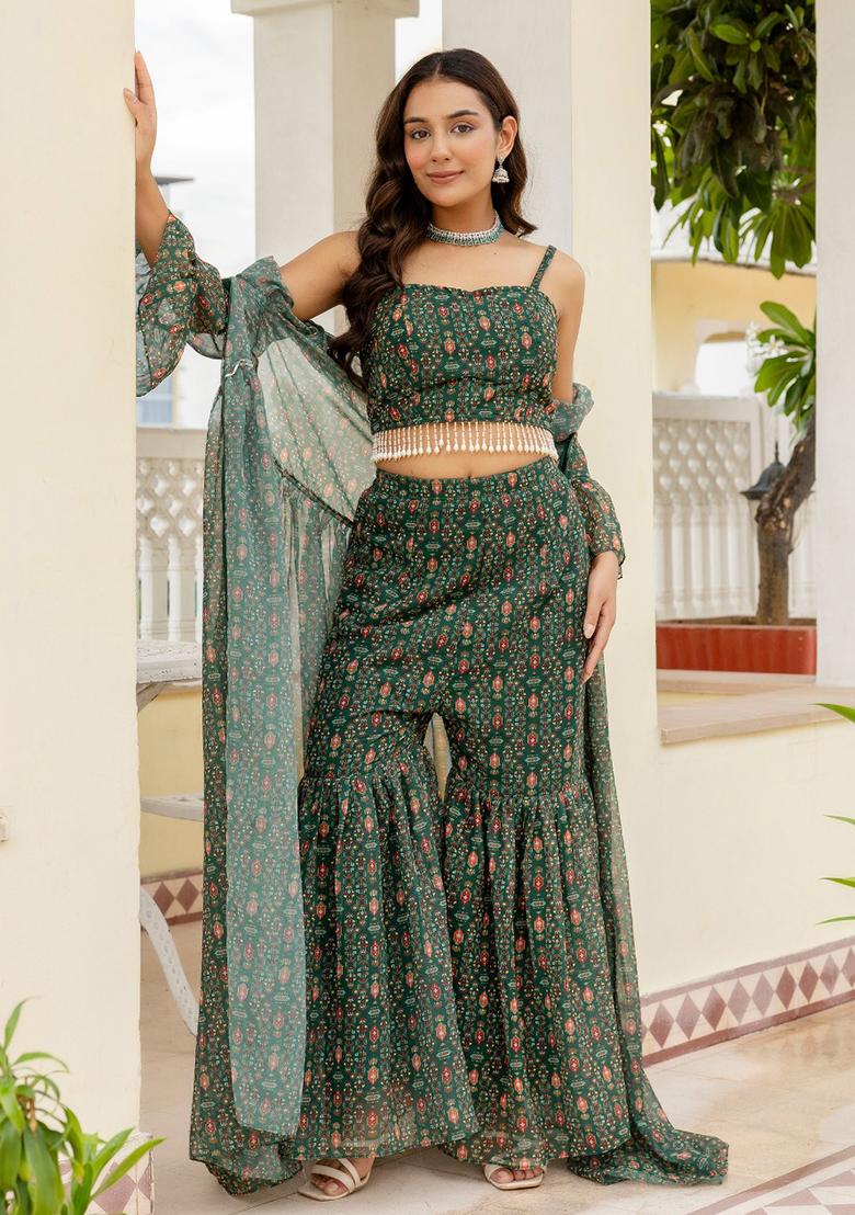 Mehndi Green Embroidered Georgette Sharara Set