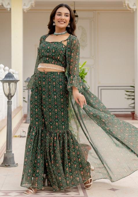 Mehndi Green Embroidered Georgette Sharara Set
