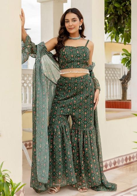 Mehndi Green Embroidered Georgette Sharara Set