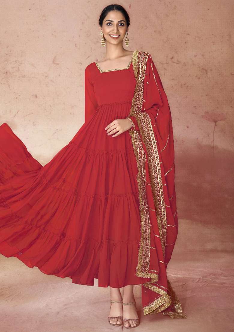 Red Embroidered Faux Georgette Gwon Set - Indya
