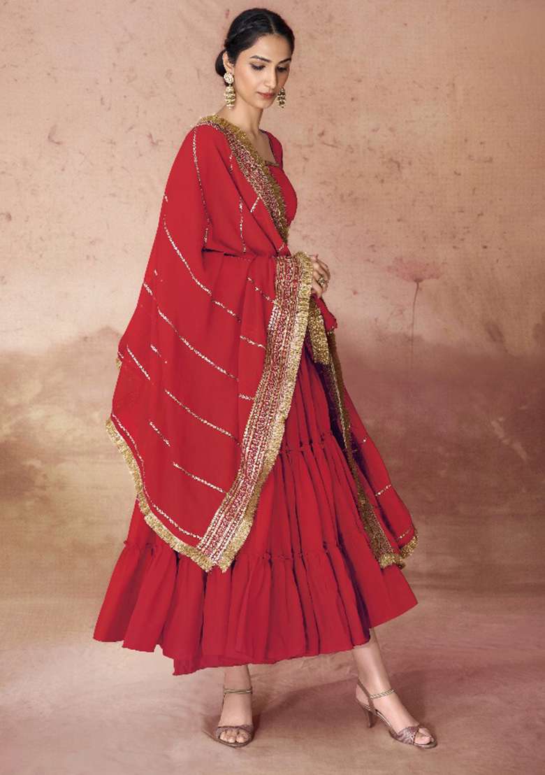 Red Embroidered Faux Georgette Gwon Set - Indya