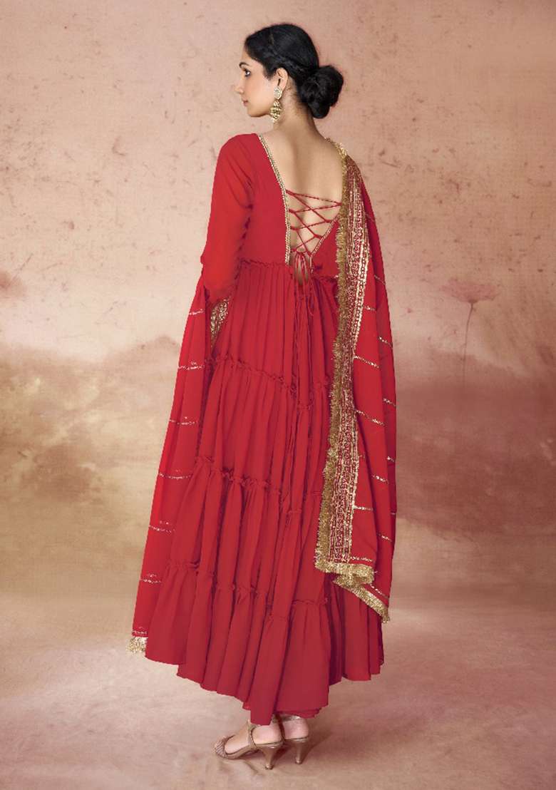 Red Embroidered Faux Georgette Gwon Set - Indya