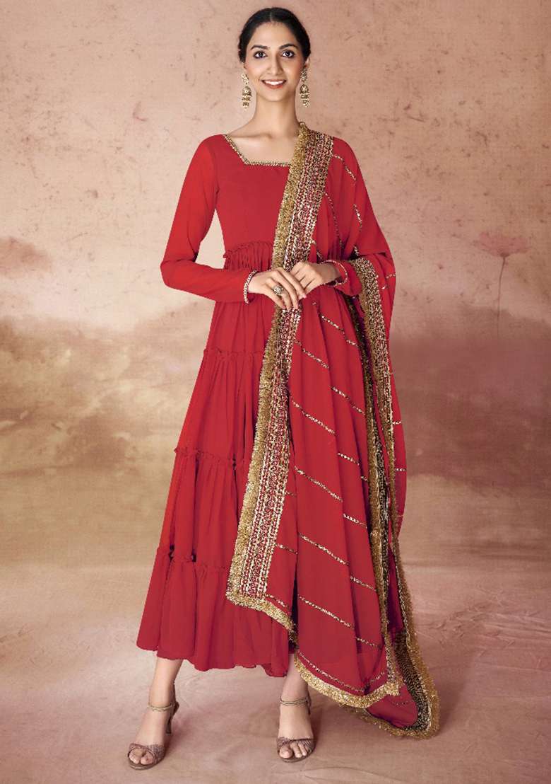 Red Embroidered Faux Georgette Gwon Set - Indya
