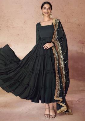 Black Embroidered Faux Georgette Gwon Set