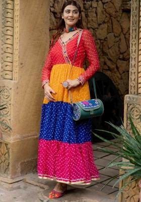 Multicolor Embroidered Georgette Lehenga Set