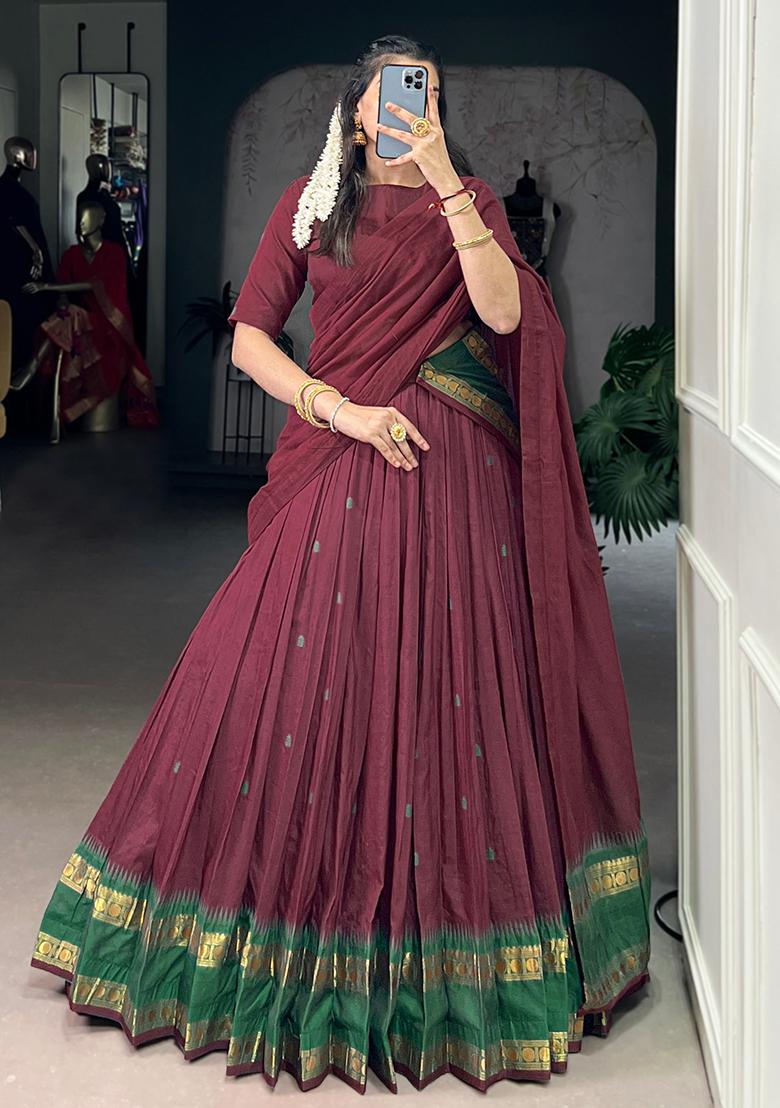 Maroon Embroidered Pure Chanderi Lehenga Set