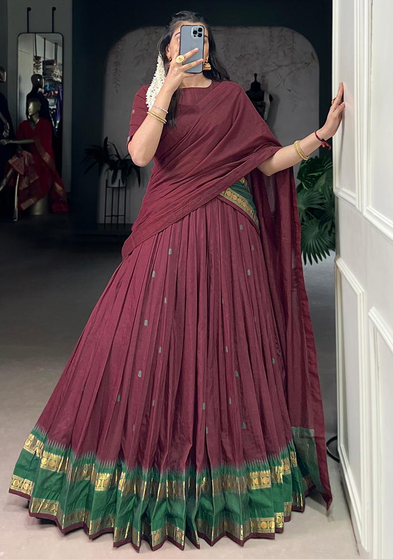 Maroon Embroidered Pure Chanderi Lehenga Set