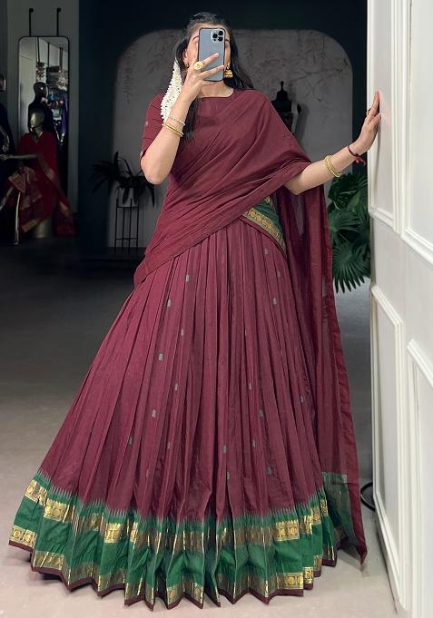 Maroon Embroidered Pure Chanderi Lehenga Set