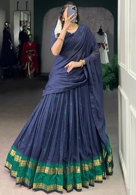 Navy Blue Embroidered Pure Chanderi Lehenga Set