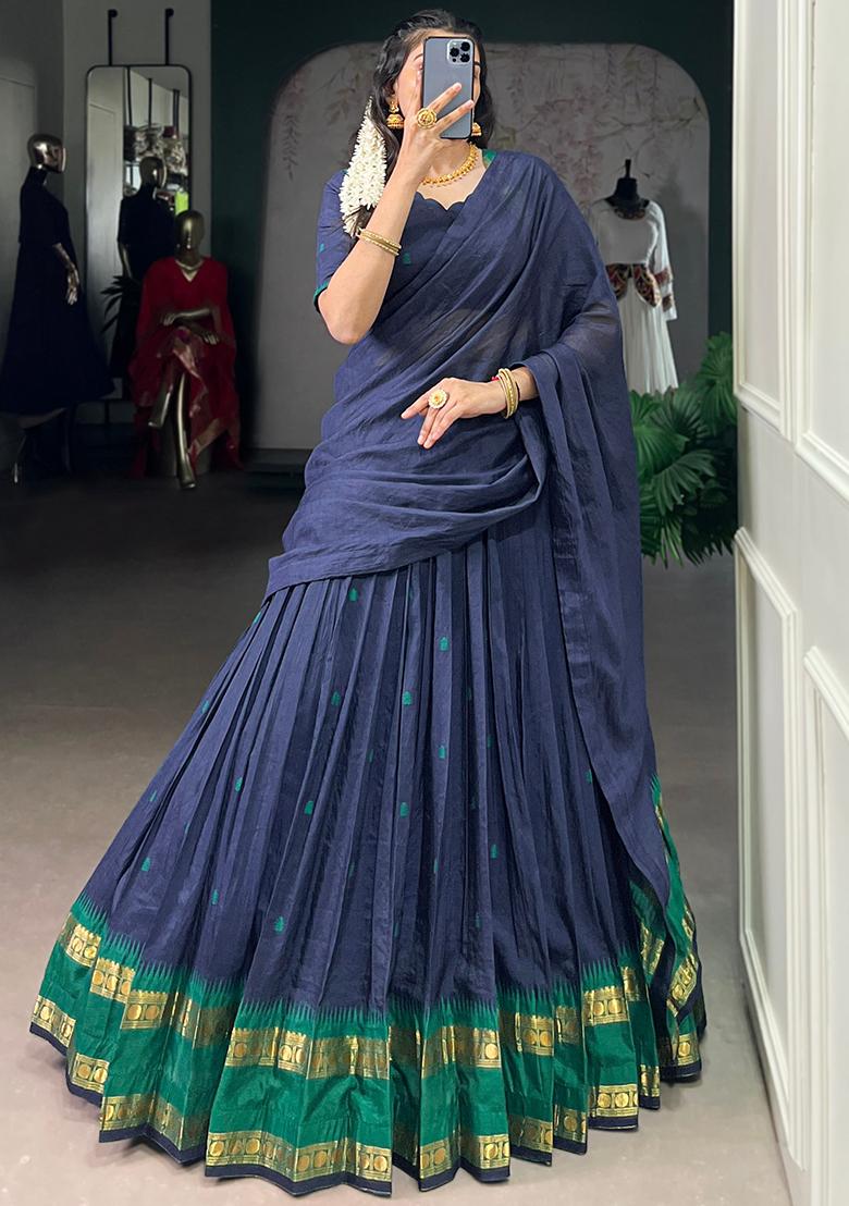 Navy Blue Embroidered Pure Chanderi Lehenga Set