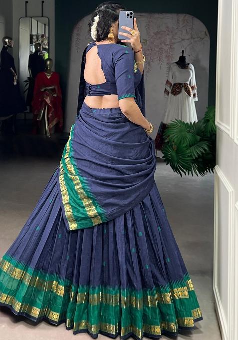 Navy Blue Embroidered Pure Chanderi Lehenga Set