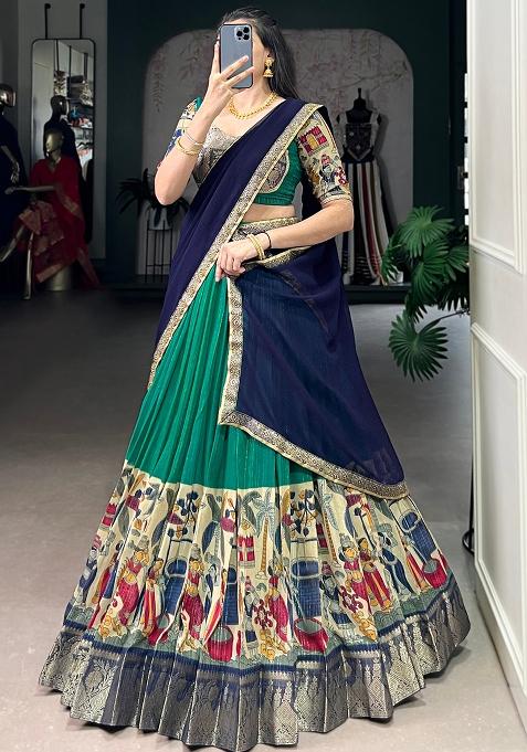 Green Embroidered Chanderi Lehenga Set