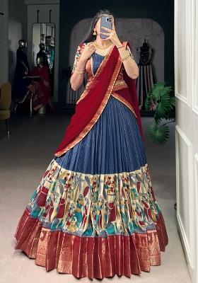Navy Blue Embroidered Chanderi Lehenga Set