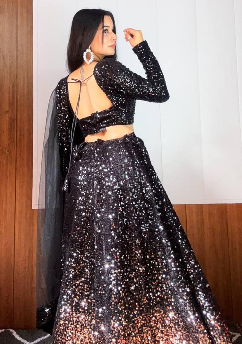 Black Embroidered Velvet Lehenga Set