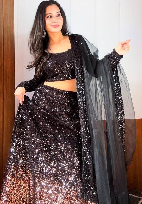 Black Embroidered Velvet Lehenga Set