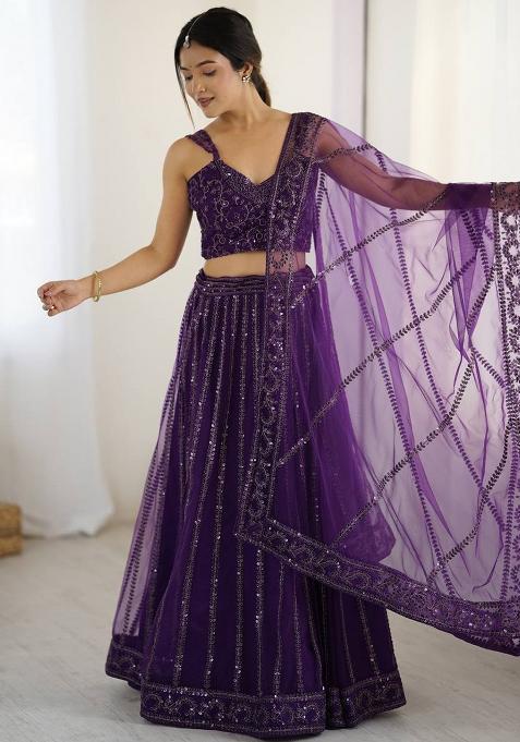 Violet Embroidered Net Lehenga Set