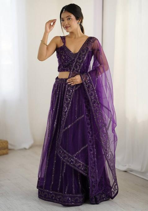 Violet Embroidered Net Lehenga Set