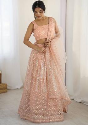 Peach Embroidered Net Lehenga Set