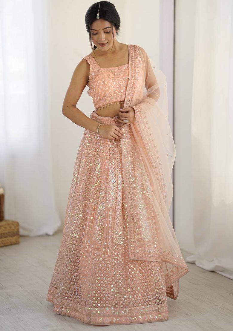 Peach Embroidered Net Lehenga Set