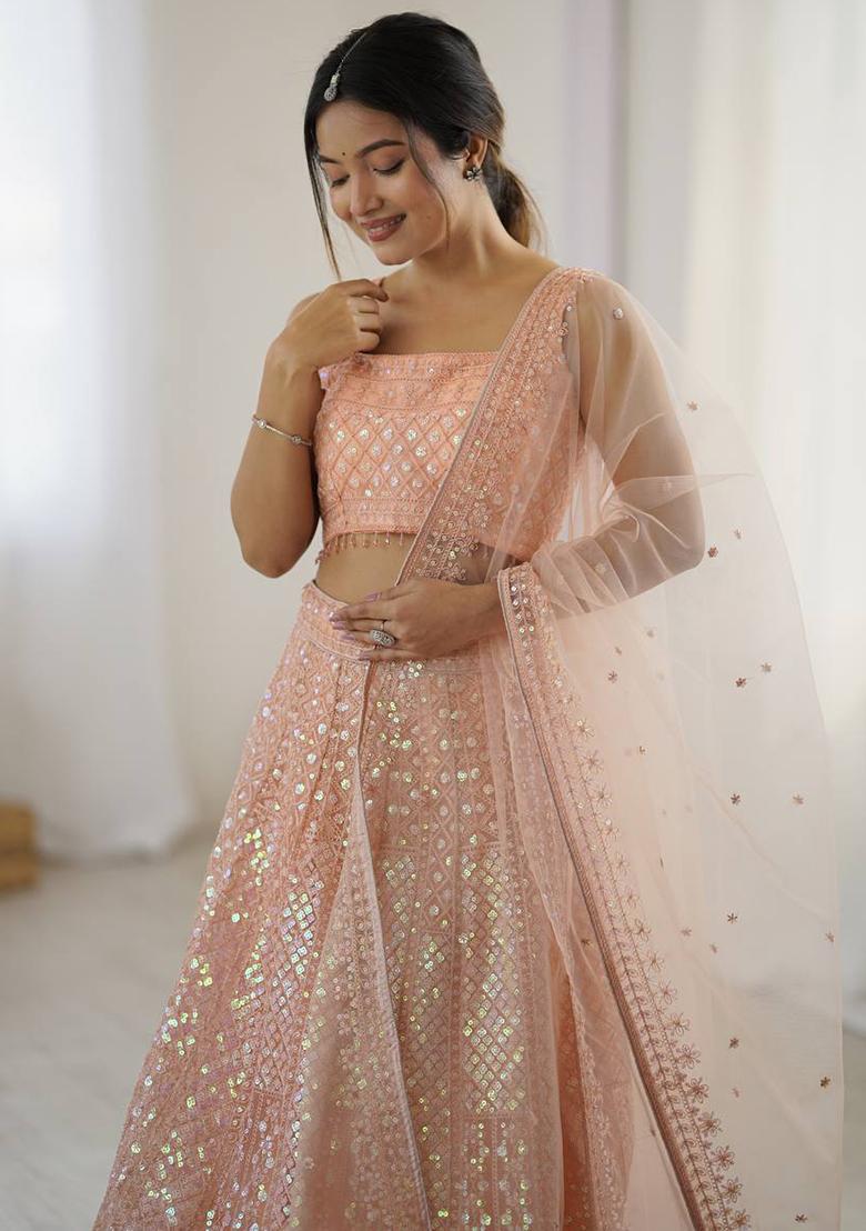 Peach Embroidered Net Lehenga Set
