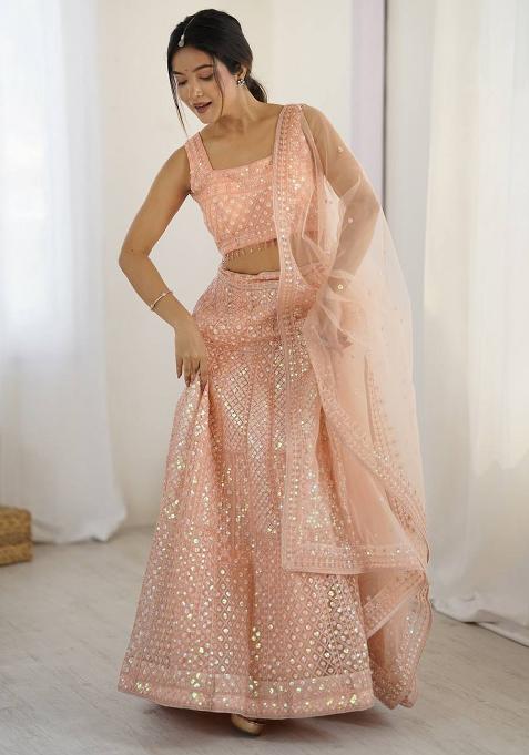 Peach Embroidered Net Lehenga Set