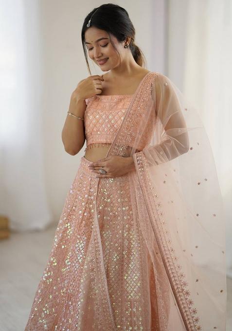 Peach Embroidered Net Lehenga Set