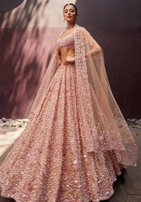 Peach Embroidered Georgette Lehenga Set