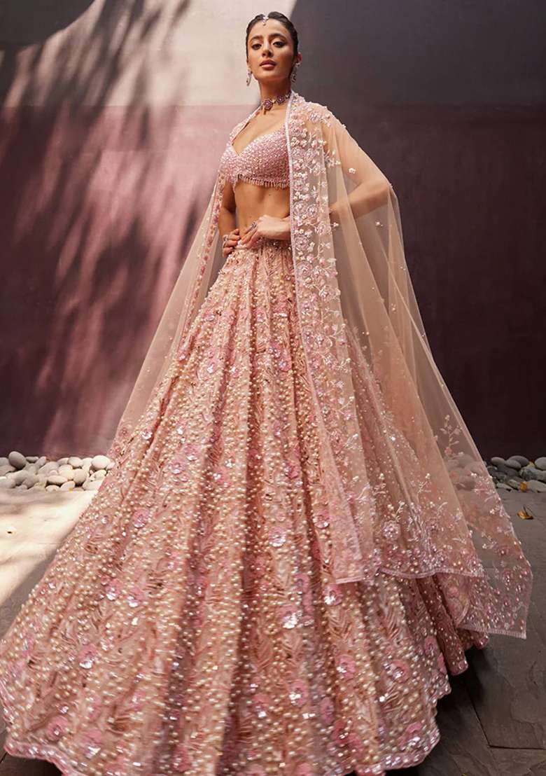 Peach Embroidered Georgette Lehenga Set - Indya