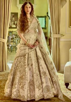 Light Yellow Embroidered Silk Lehenga Set
