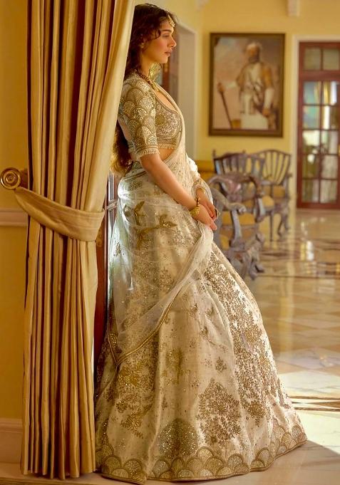 Light Yellow Embroidered Silk Lehenga Set