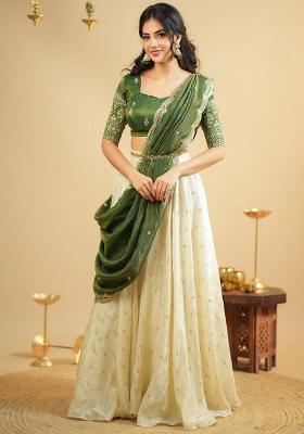 White Embroidered Silk Lehenga Set