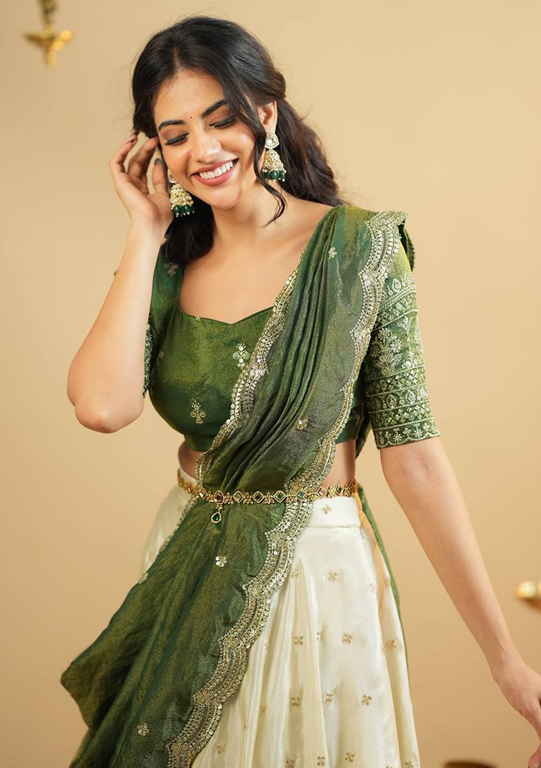 White Embroidered Silk Lehenga Set