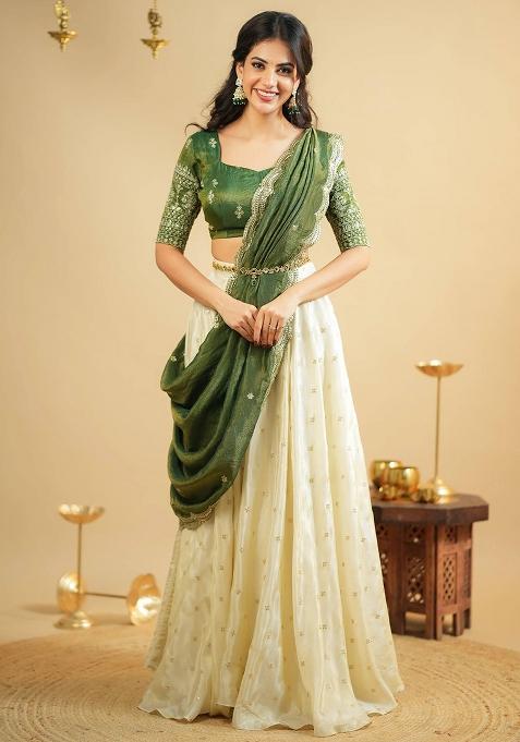 White Embroidered Silk Lehenga Set