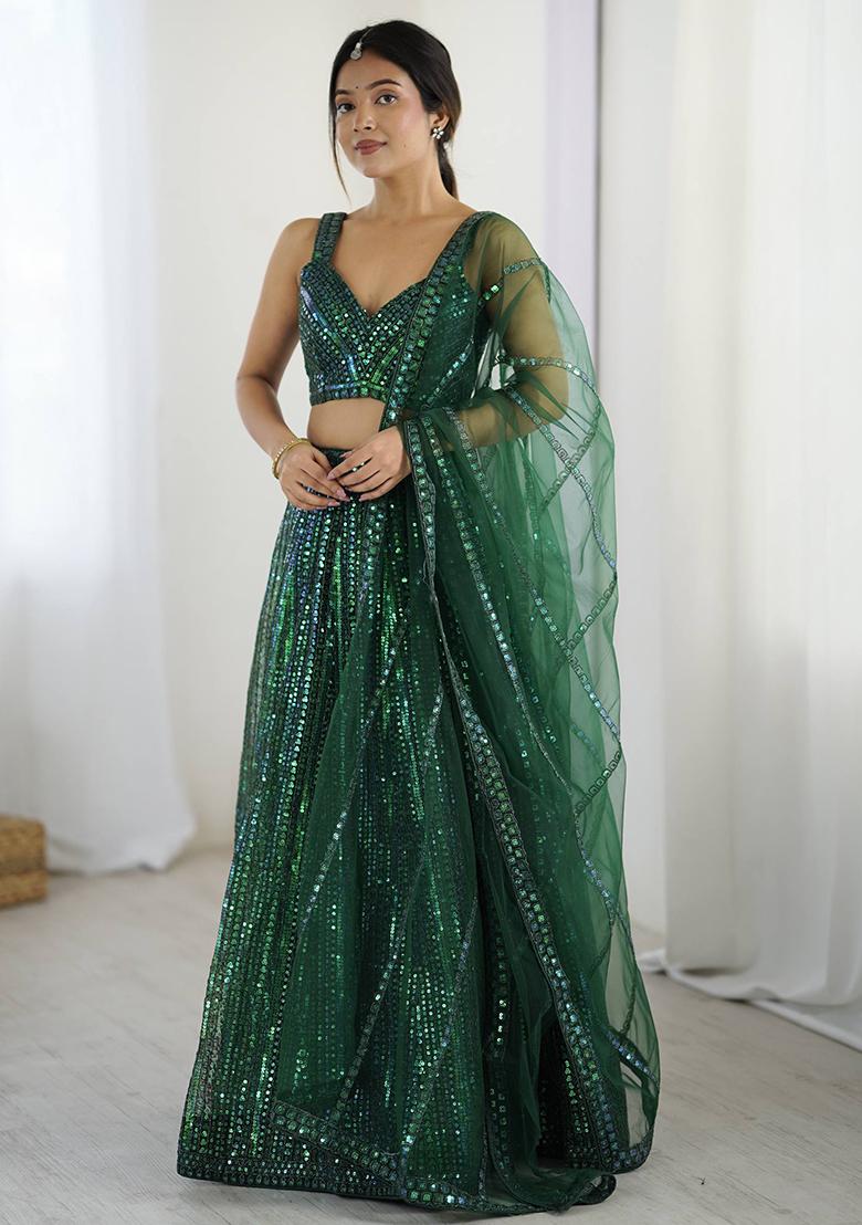 Green Embroidered Net Lehenga Set