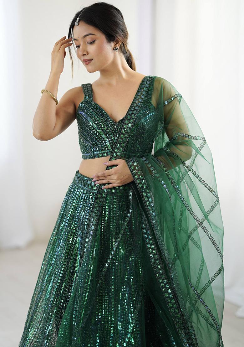 Green Embroidered Net Lehenga Set