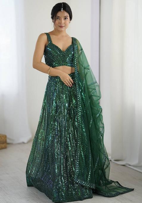 Green Embroidered Net Lehenga Set
