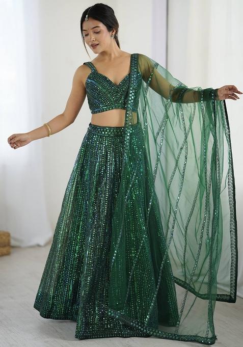 Green Embroidered Net Lehenga Set