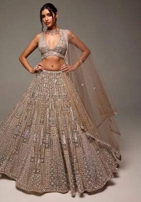 Brown Embroidered Soft Butterfly Net Lehenga Set