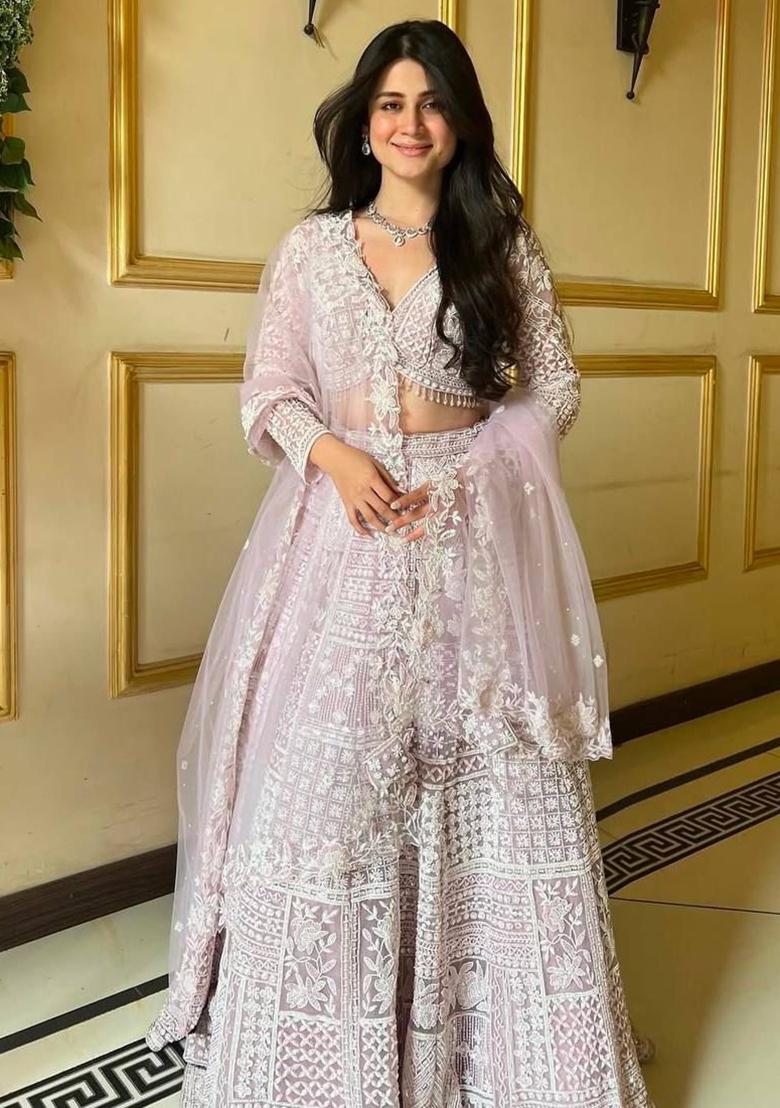 Light Pink Embroidered Soft Butterfly Net Lehenga Set
