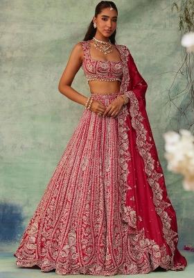 Red Embroidered Silk Lehenga Set