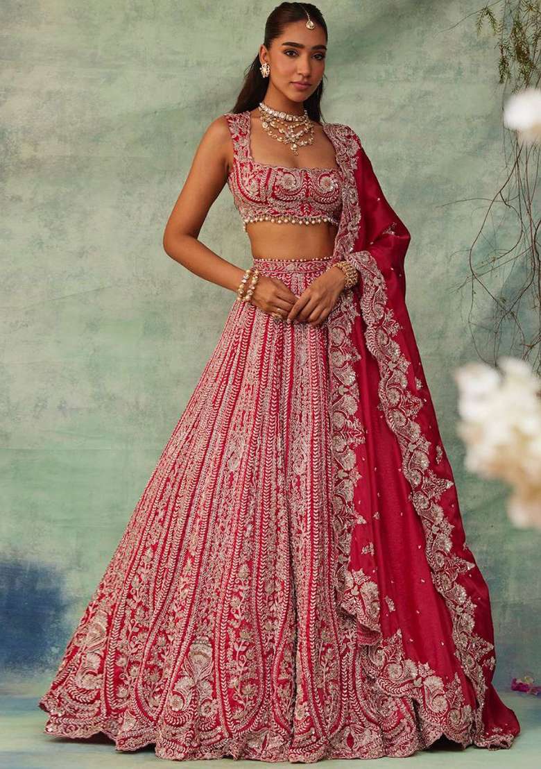 Red Silk Blend Lehenga Set with Embroidered for Diwali | Wedding & Festive Wear - Indya