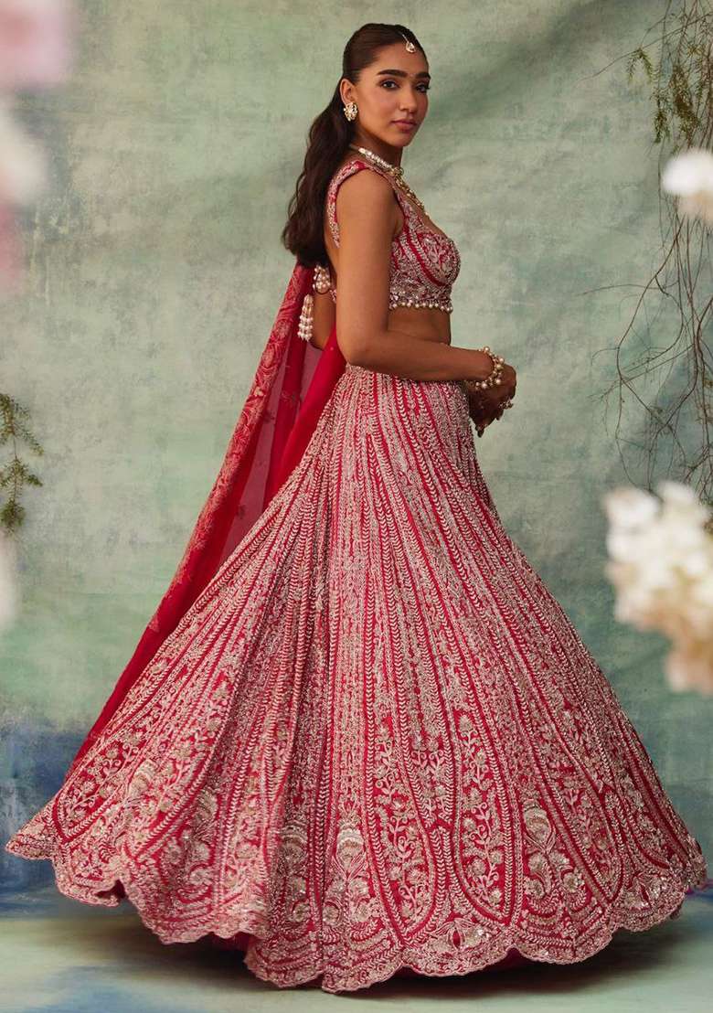 Red Silk Blend Lehenga Set with Embroidered for Diwali | Wedding & Festive Wear - Indya