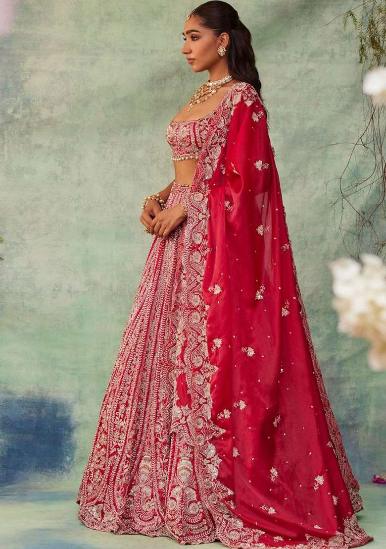 Red Silk Blend Lehenga Set with Embroidered for Diwali | Wedding & Festive Wear - Indya