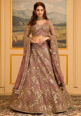 Pink Embroidered Faux Georgette Lehenga Set