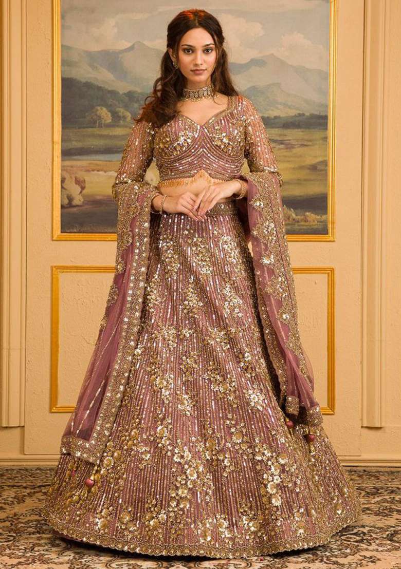 Pink Faux Georgette Lehenga Set with Embroidered for Diwali | Wedding & Festive Wear - Indya